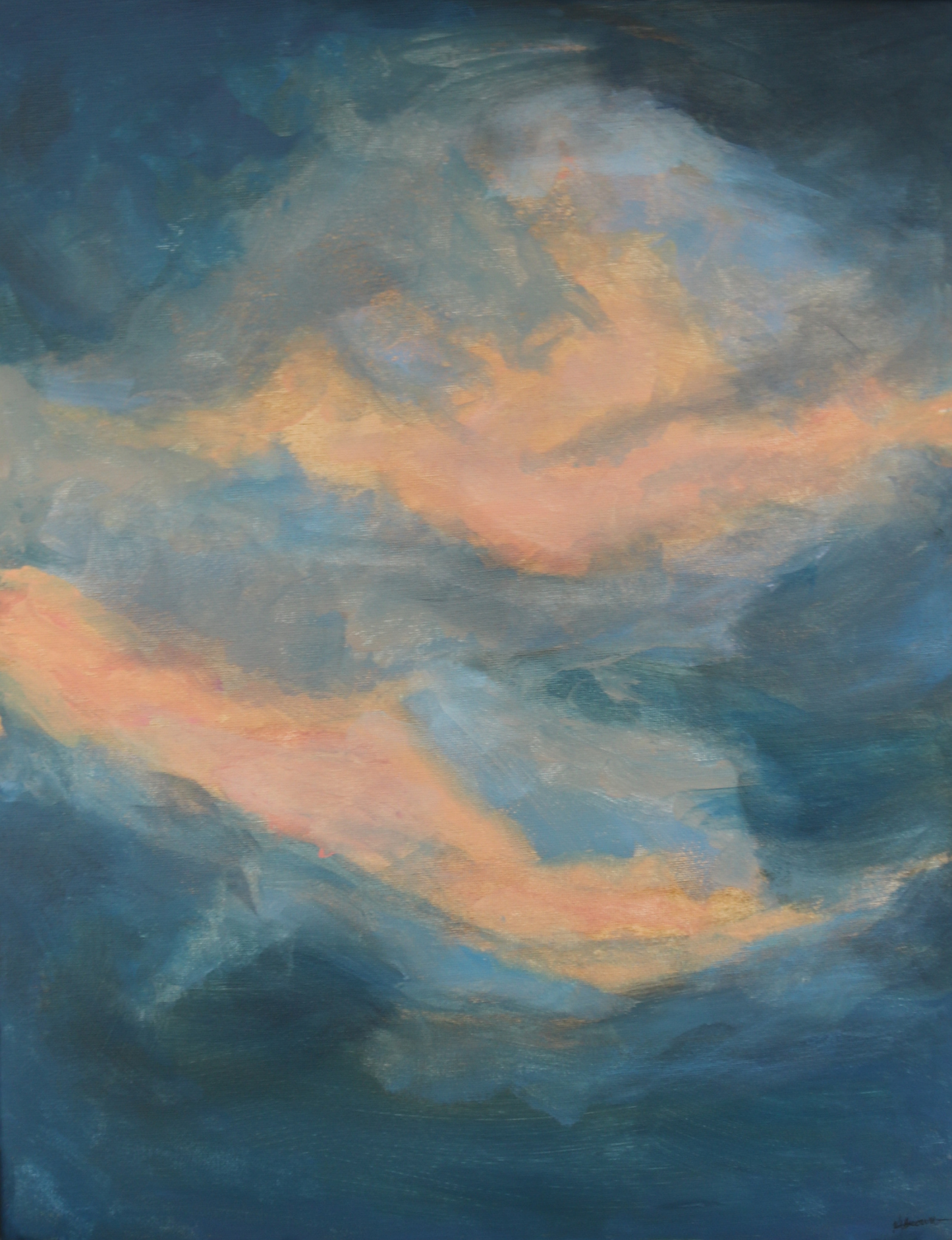 Image is of painting on canvas, it is rectangular, portrait orientation. The image concentrates solely on the painting and does not include a frame. The painting is of an autumn dawn sky with petrol blue sky surrounding glowing peachy-orange clouds which are reflecting the warm colour of the sunrise. The painting style is loose and brush strokes are visible.