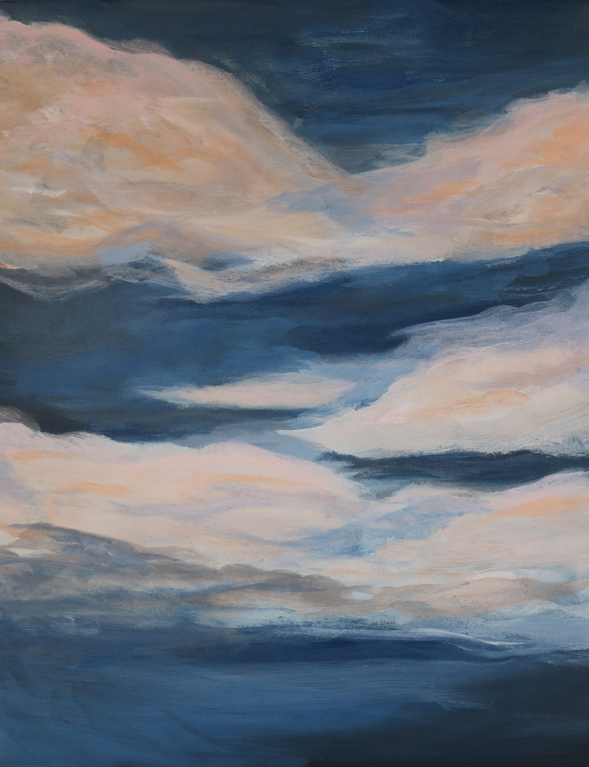 Image shows 'first light', a painting by North Yorkshire artist Kate Brown. The acrylic painting features soft pinks and oranges through clouds which predominate the canvas. The clouds are set against an inky blue sky. The painting is show in its entirety, unframed.