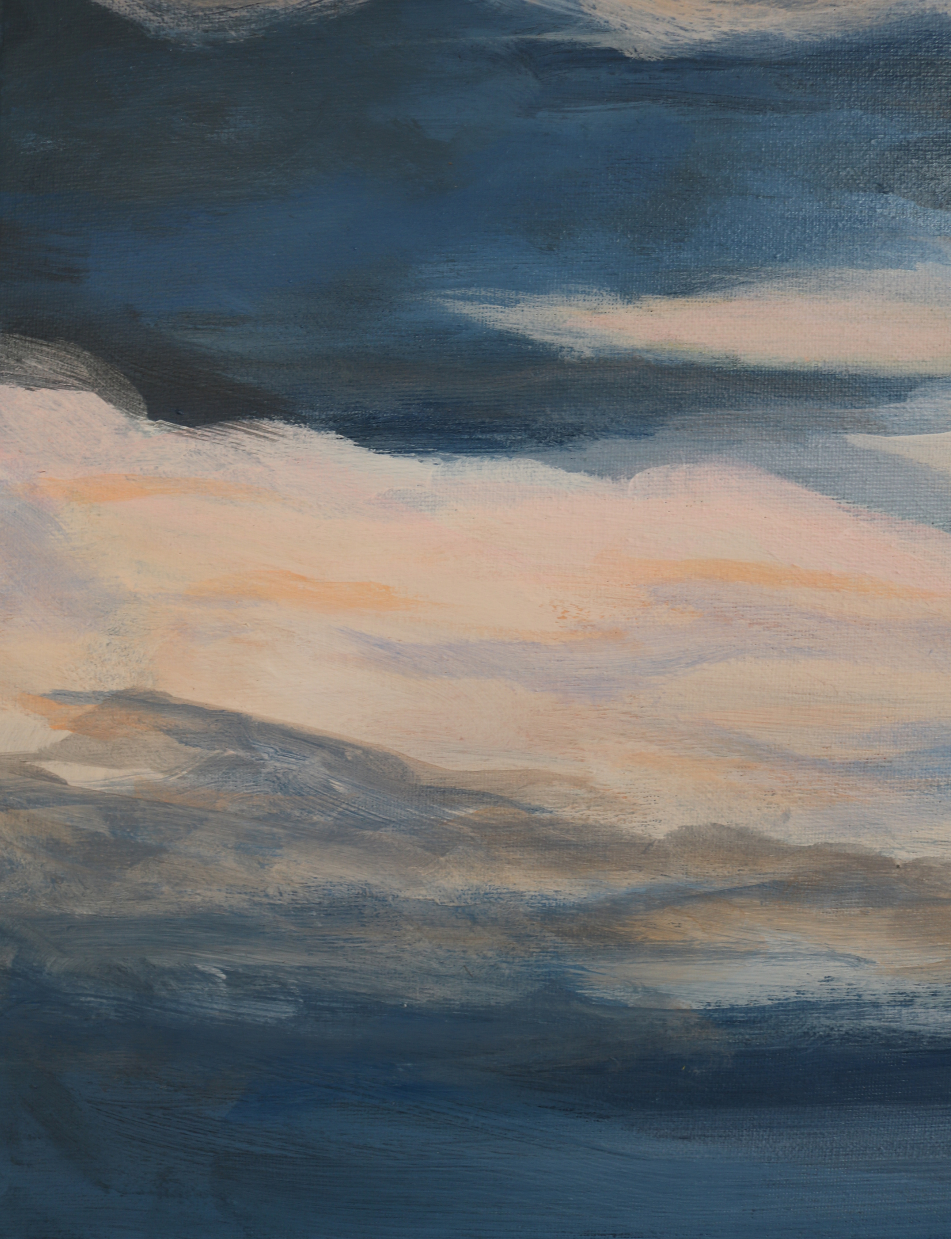 The image is a close up of approximately 1/6th of 'First Light', a original painting by Kate Brown. The detail shows, across the middle third, a cloud, loosely painted with visible brush strokes, in soft peachy hues. Above and below the cloud are patches of inky blue sky.